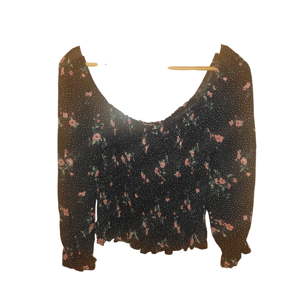 Mason & Belle Women Floral Polka Dot Smocked Long Sleeve Blouse Black Medium
